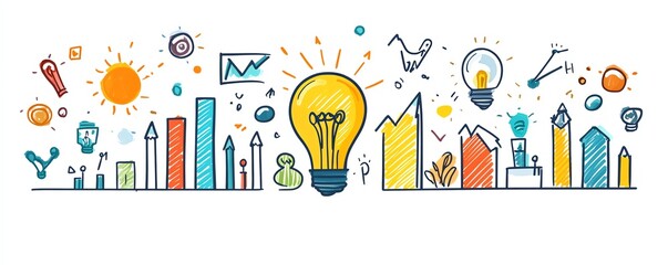 Handdrawn colorful doodle illustrating business strategy, brainstorming, and product planning concepts on a white background