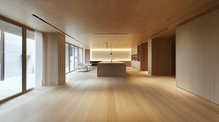 Obraz premium Sleek open-concept design with recessed LED ceiling lights, light-colored wood floors, and a calming neutral palette