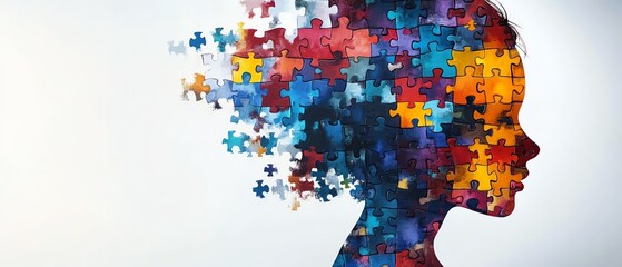 Fototapeta premium Multicolored puzzle pieces inside a childs head silhouette, representing complex thinking, autism, and World Mental Health Day awareness
