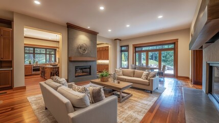 Spacious living area blending modern design elements with recessed ceiling lighting and warm wooden flooring