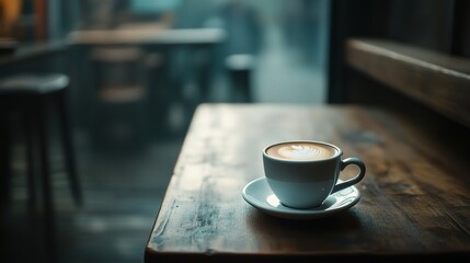 Fototapeta premium Cozy Coffee Cup on Empty Table in Quaint Coffee Shop Interior