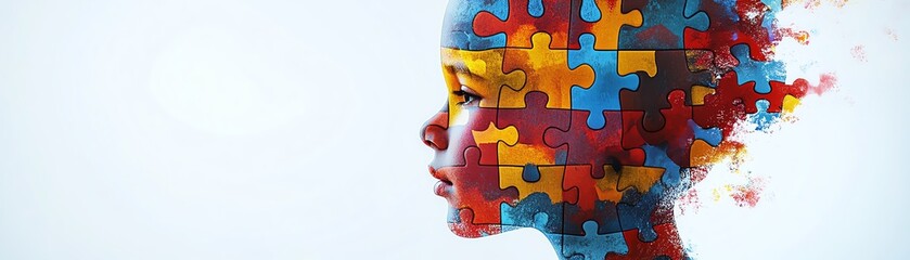 Silhouette of a childs head with multicolored puzzle pieces, reflecting autism and complex cognitive processes, World Mental Health Day concept