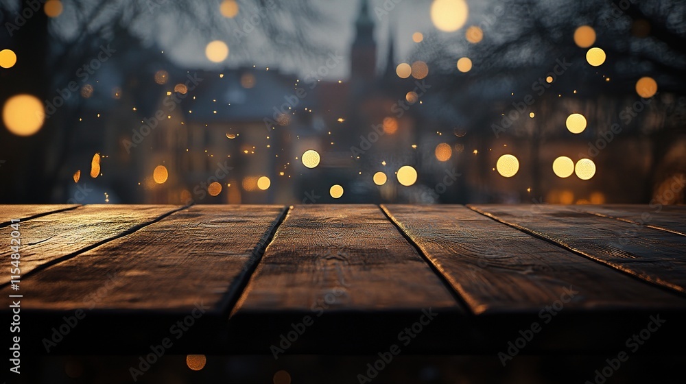 Poster serene wooden tabletop with soft bokeh lights in the background
