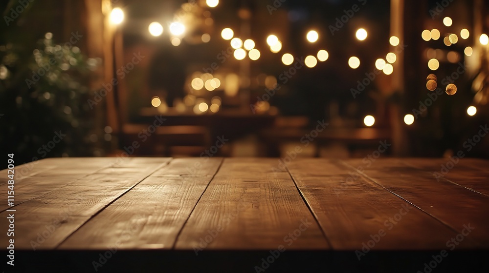 Poster empty wooden table with blurred bokeh lights in restaurant setting