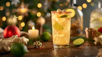 Spicy ginger ale with lime wedges in festive holiday setting