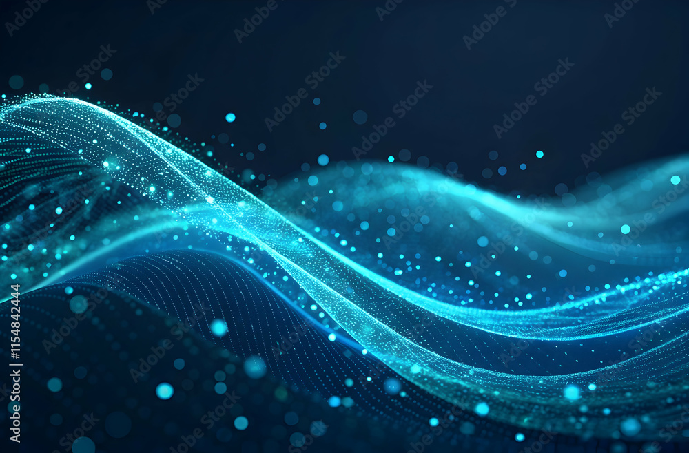 Poster abstract blue particle wave with glowing dots on a dark background