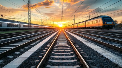 Obraz premium Sunset over train tracks. Concept of travel, transportation, and modern technology.