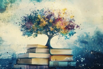 Abstract art of tree growing from books, knowledge and personal development