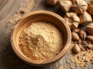 Natural powder in a wooden bowl with exotic seeds in the background