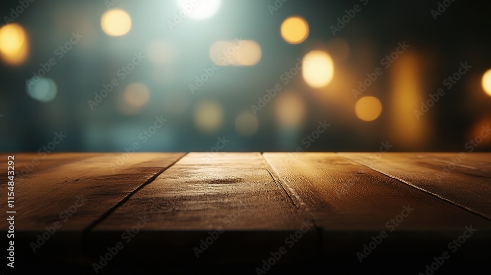 Poster Empty Wooden Tabletop with Soft Blurred Bokeh Lights Background