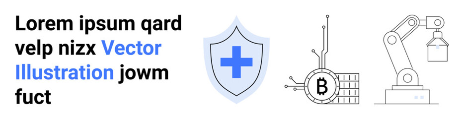 Fototapeta premium Shield with cross icon, Bitcoin blockchain, and robotic arm. Ideal for cybersecurity, blockchain technology, automation, finance, healthcare, industrial, tech innovation themes. Landing page