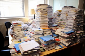 A chaotic office scene  a tall pile of papers on a disorganized desk indicating work overload