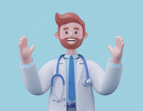 3D cheerful cartoon doctor waves hello with both hands