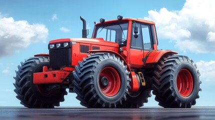 Obraz premium Red tractor on a reflective surface with clouds.