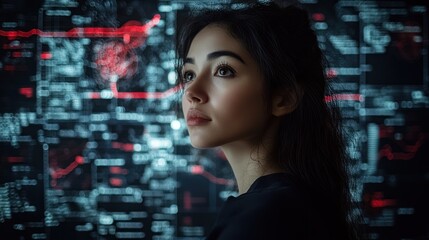 Woman gazing thoughtfully at digital data display.