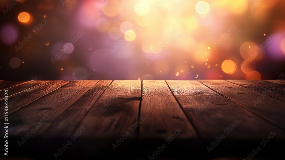 Poster empty wooden table with blurred bokeh lights in restaurant setting