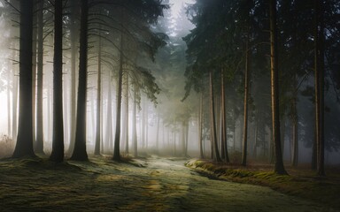 Fototapeta premium Misty forest path with tall trees and sunlight.