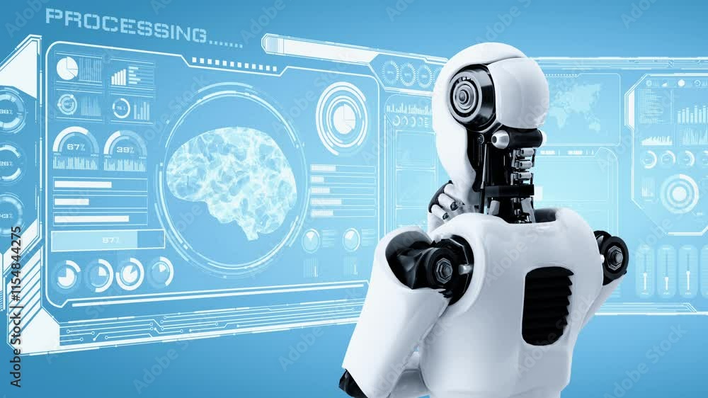 Poster thinking ai hominoid robot analyzing hologram screen showing concept of ai brain and artificial inte