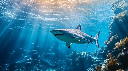 Obraz premium Oceanic Shark in Coral Reef Sunlight. Concept of Marine Wildlife and Underwater Beauty.