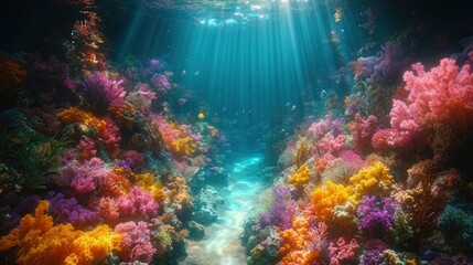 Vibrant underwater scene with colorful corals and sunlight beams illuminating the ocean floor.