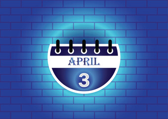 April 3 calendar sign on blue neon brick wall background. Flat design style. Date, day and month. Vector illustration.