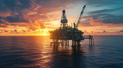 Obraz premium Offshore Oil Rig at Sunset. Concept of Energy, Industry, and Resource Extraction.