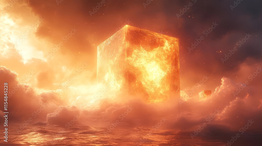 Poster a fiery cube emerges from clouds, depicting elements of chaos and transformation.