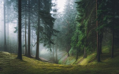 Obraz premium Misty forest path with moss covered ground and tall evergreen trees.