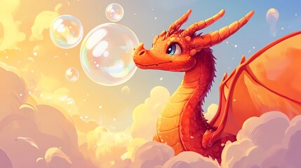 Fototapeta premium 2D cartoon illustration of a friendly dragon blowing bubbles instead of fire.--ar 16:9