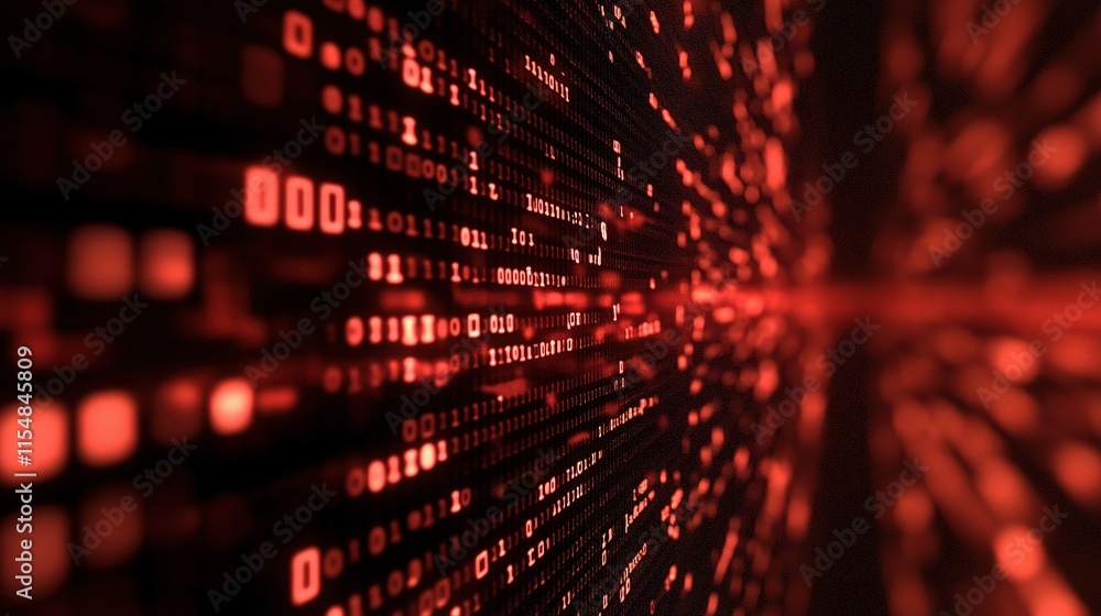 Poster flowing binary data waves on a dark background in motion