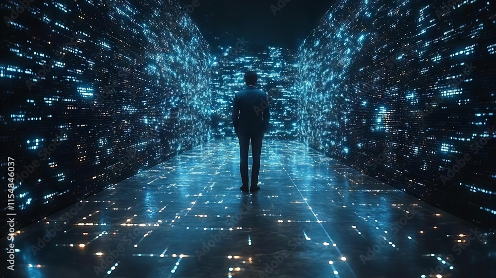 Poster a person stands in a futuristic digital environment filled with glowing data streams.