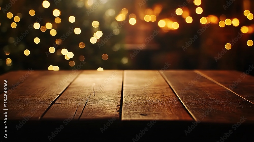 Poster Soft Bokeh Lights on Empty Wooden Tabletop in Warm Atmosphere
