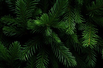 Dark and moody banner featuring dense green pine foliage and fir tree branches texture