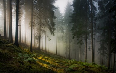 Obraz premium Sunbeams illuminate misty forest slope, ferns, and tall trees.