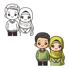 Vector cute couple of muslim cartoon character, line art, black outline hand drawn illustration 