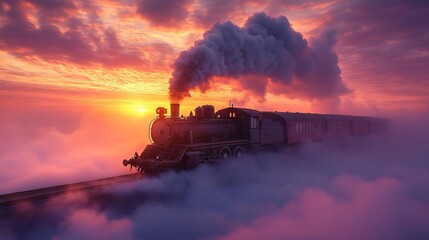 Fototapeta premium A vintage steam train travels through a misty landscape at sunset.