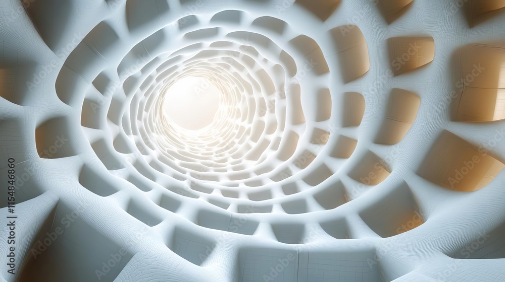 Aufkleber Abstract view of a spiral tunnel with soft white light following a smooth pattern.