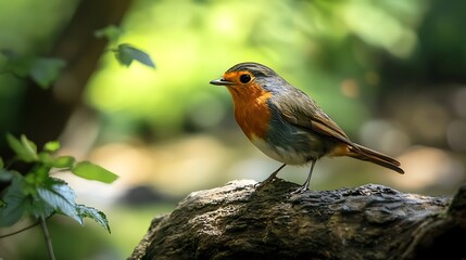 Fototapeta premium European Robin perched on a tree stump. Nature, wildlife, bird.
