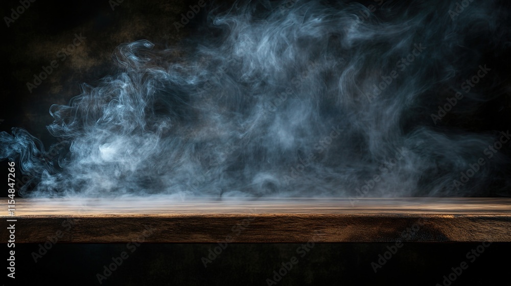 Poster empty wood table top with floating smoke on dark background