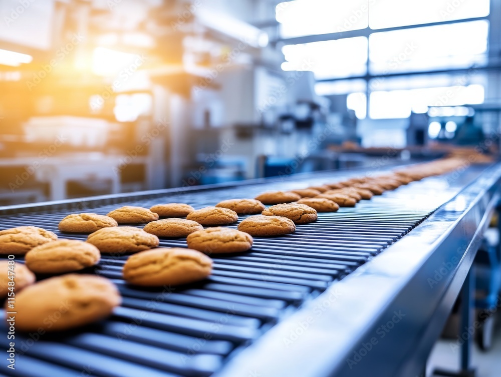 Poster cookies move steadily along a conveyor belt within a busy factory, capturing the essence of mass pro