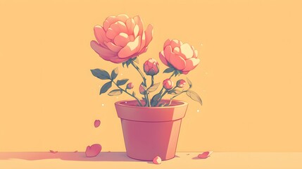 Cartoon-style flat flower pot with a flower, anime style