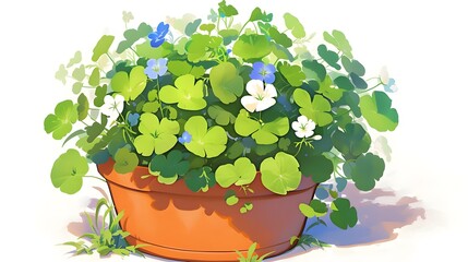 Cartoon-style flat flower pot with a flower, anime style