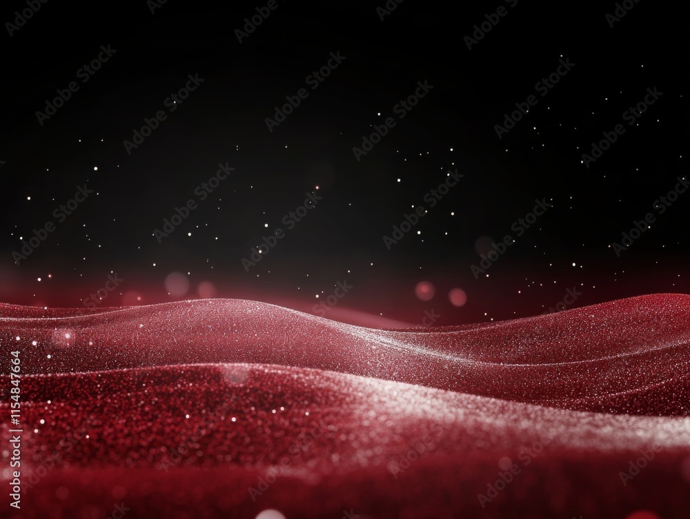 Poster Close-up view of a wave filled with sparkling red particles on a black backdrop, complemented by twinkling stars that enhance the futuristic atmosphere