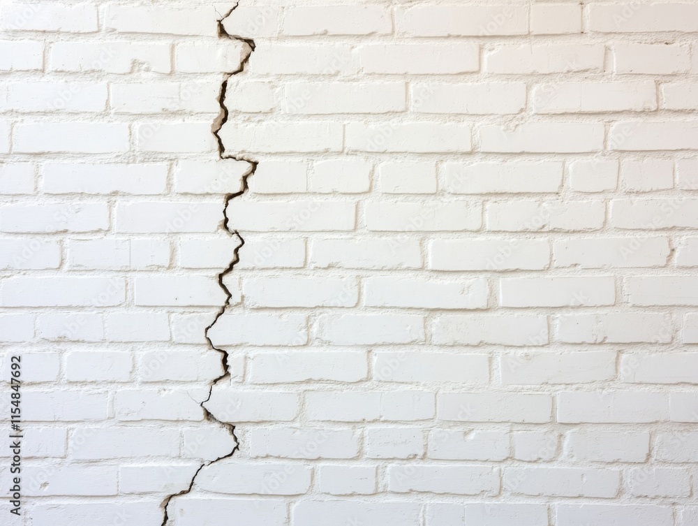 Poster close-up view of a weathered white brick wall showcasing cracks and peeling paint, ideal for use in 