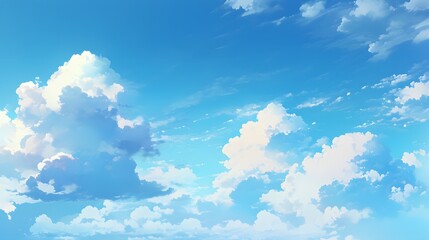 Cartoon-style sky with soft blue clouds, illustrated in an anime aesthetic.