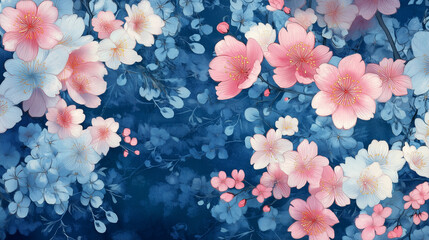 Obraz premium 日本の伝統的な和柄風桜デザイン背景｜青とピンクの花びらが舞う高品質イラスト