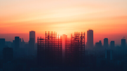 Silhouetted skyline at sunset with construction site and vibrant colors.