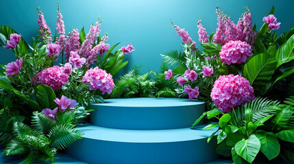 Fototapeta premium Teal podium with pink flowers and tropical leaves.