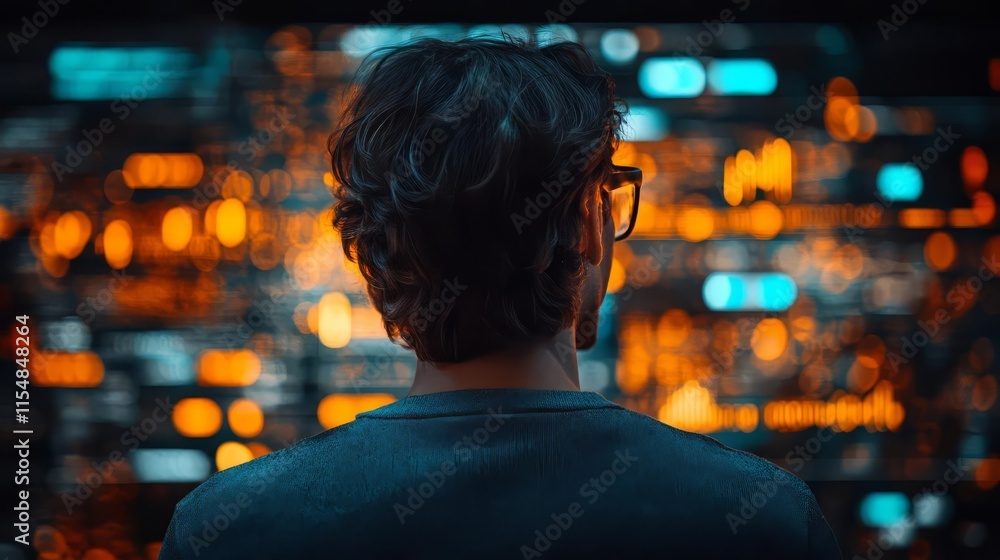 Aufkleber person interacting with digital technology, observing data visualization in a modern setting.