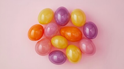 Obraz premium A playful, colorful arrangement of Easter eggs in shades of orange, yellow, and purple on a light pink background